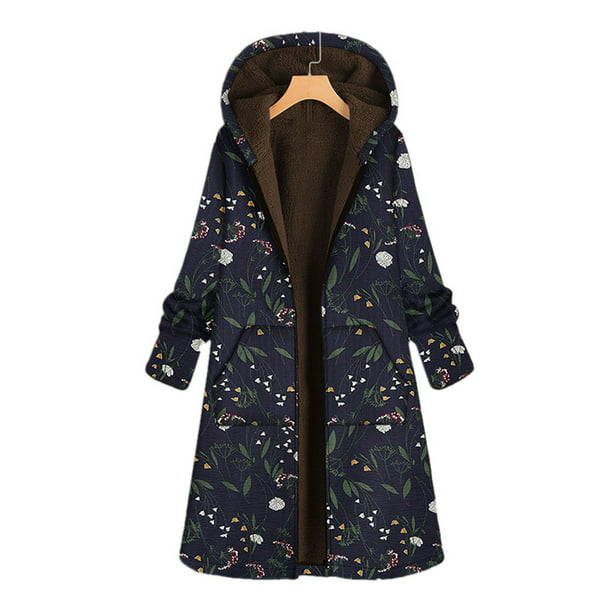 JOFOW Womens Jackets Parka Boho Striped Mix Floral Print Hooded Flannel Lined Vintage Warm Loose Long Coat XXXL 